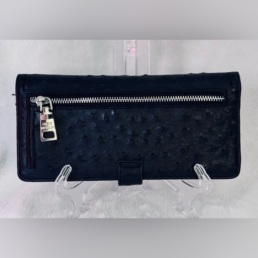 Steve Madden Black Ostrich Embossed Wallet Snap Closure Long Wallet - Picture 3 of 10